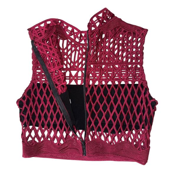Self-Portrait Cutwork Burgundy Mesh Crop Top & Midi Skirt Set Size 8 - Picture 6 of 16